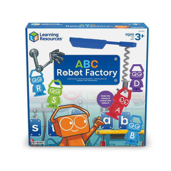 Product box for ABC Robot Factory showing colourful letter-shaped robots and a blue grabber tool for matching letters.
