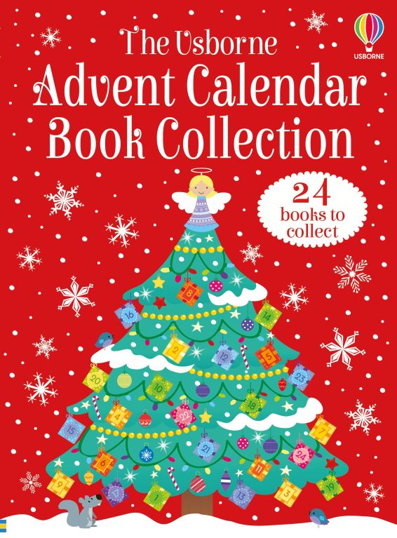 Red Usborne Advent Calendar box with a Christmas tree illustration and 24 numbered book ornaments.