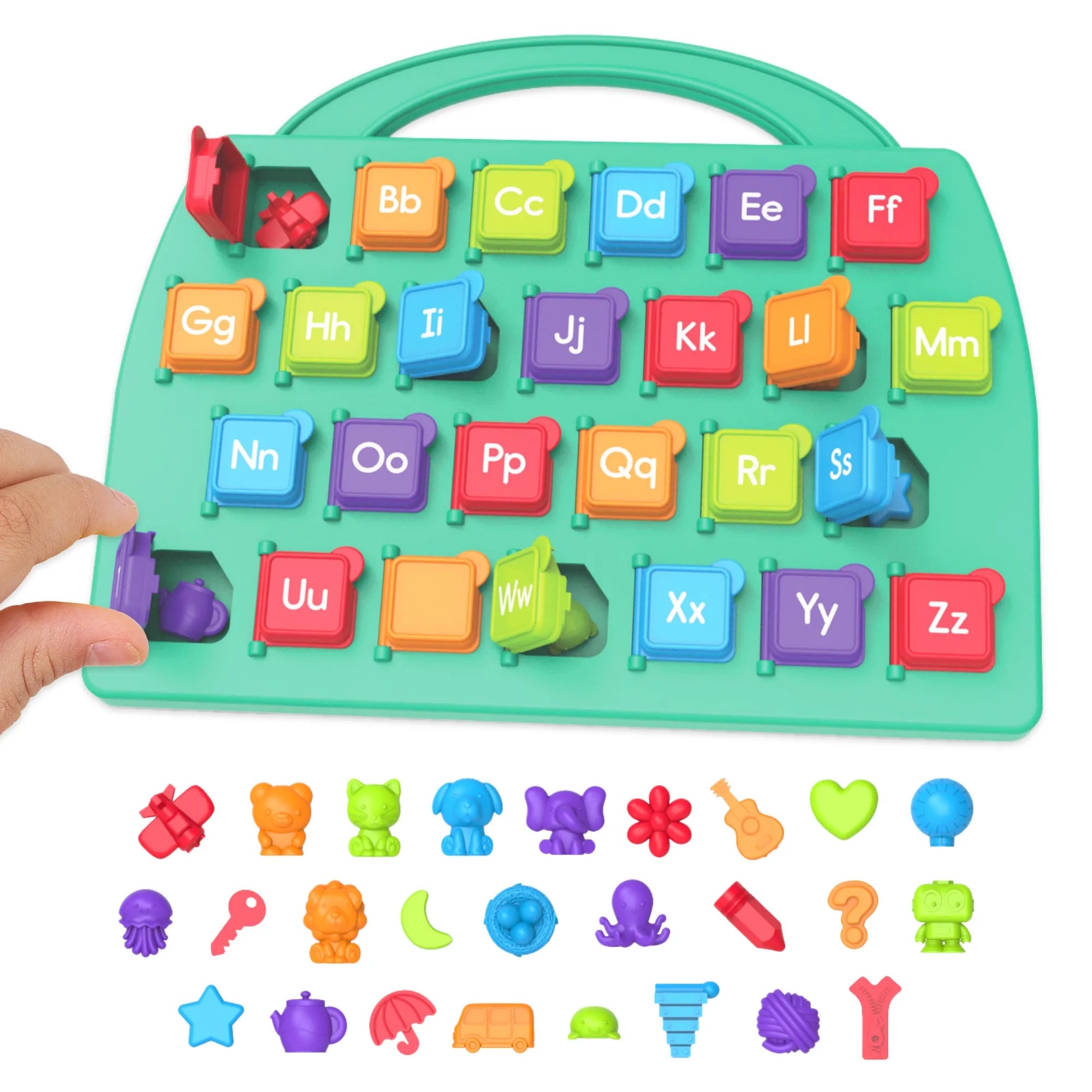 Teal plastic alphabet board with opening doors and 26 matching colorful miniature figurines for each letter.