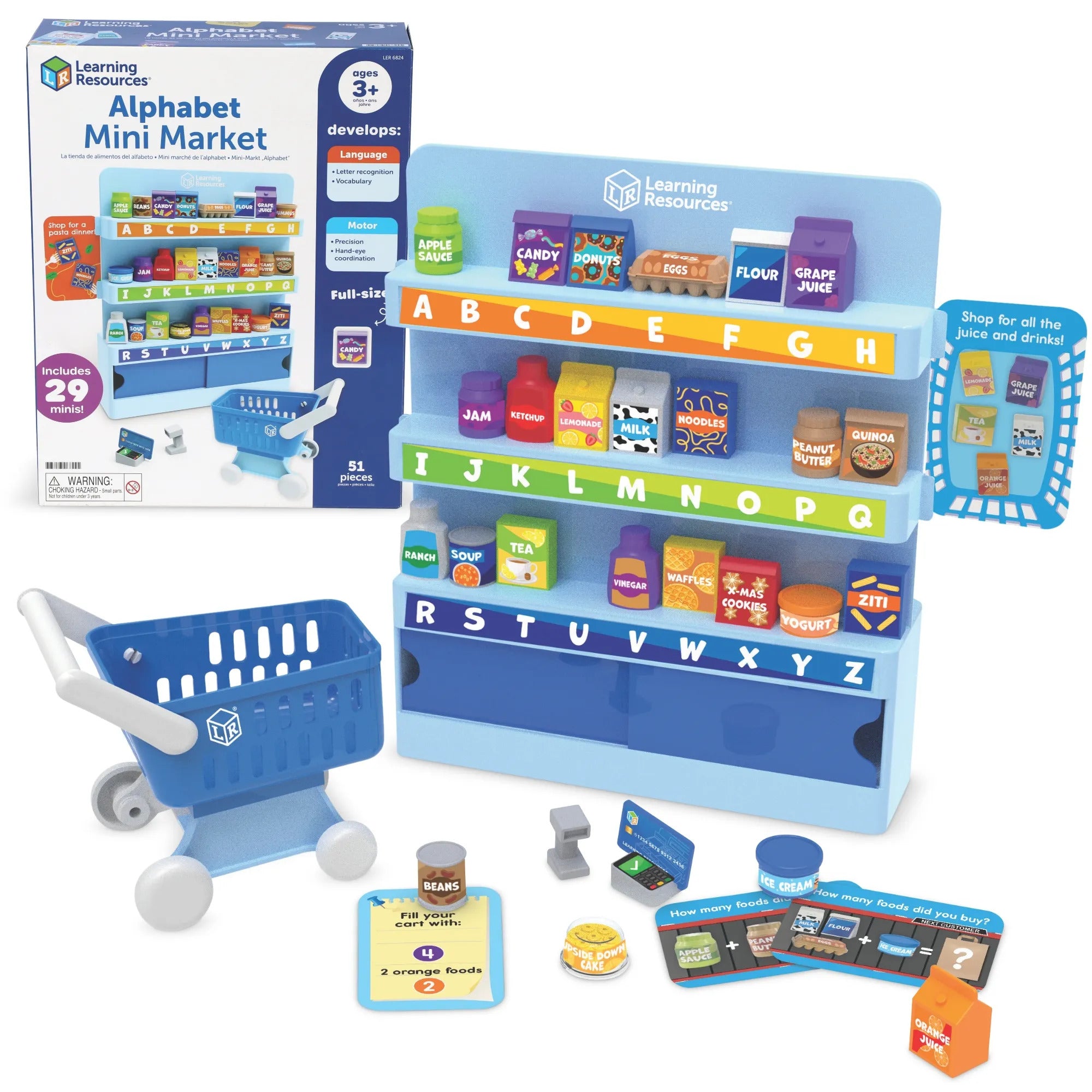 Blue toy grocery stand with alphabet shelves, a blue shopping cart, and miniature food items labeled A through Z.