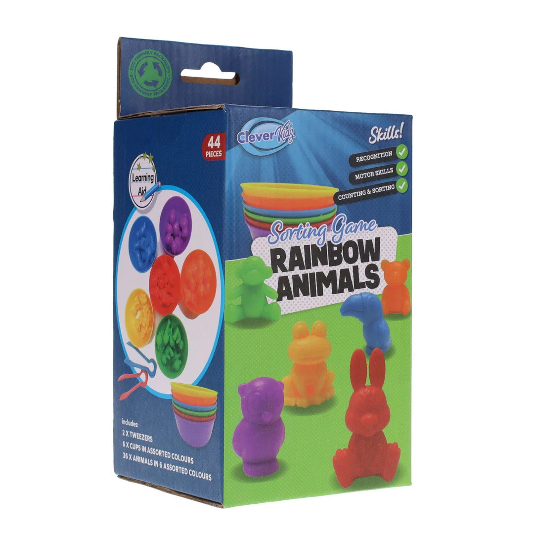 Blue box for Rainbow Animals sorting game with colorful plastic animals, cups, and tweezers visible on the packaging.