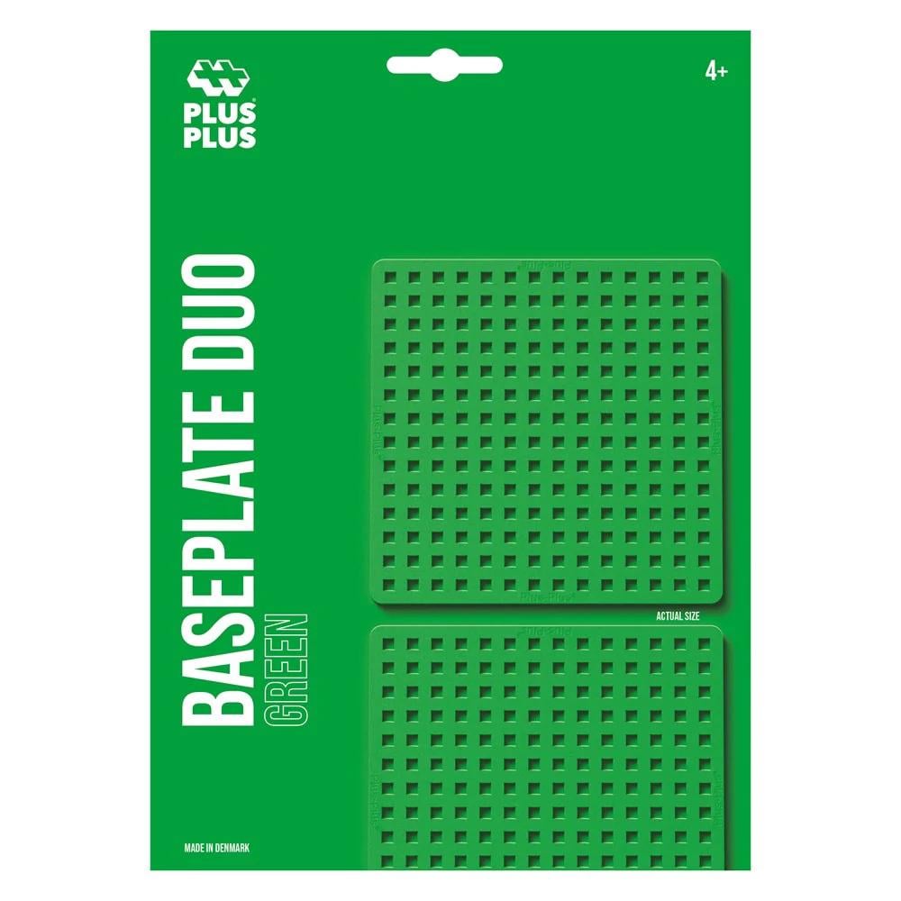 Product packaging for Plus-Plus Baseplate Duo Green showing two square green grid building plates.