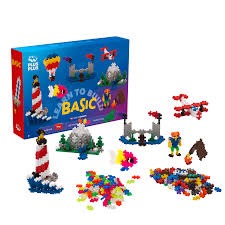 Blue box for Plus-Plus Learn to Build Basic set showing colorful interlocking pieces and built models like a lighthouse.