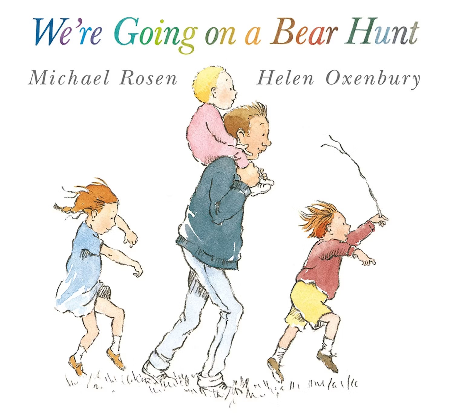 Front cover of the book We're Going on a Bear Hunt featuring a family walking together through a grassy field.
