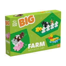 Green box for Plus-Plus BIG Farm Activity Set showing colorful plus-shaped blocks built into a cow, sheep, and duck.