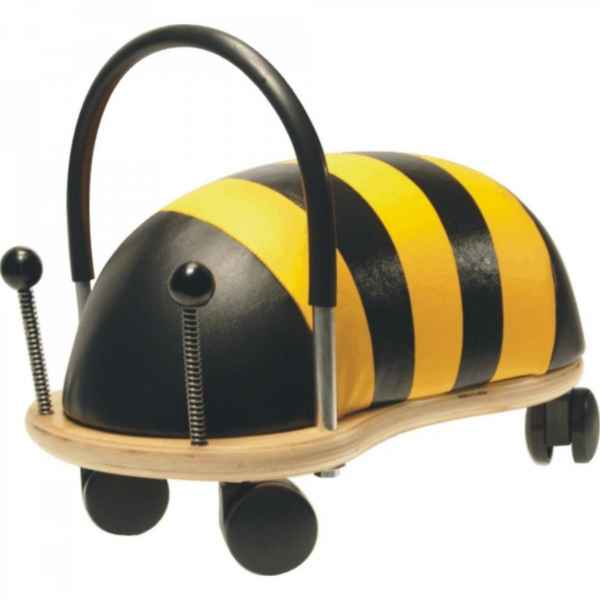 Yellow and black striped bee ride-on toy with a black handle, spring antennas, and four black castor wheels.