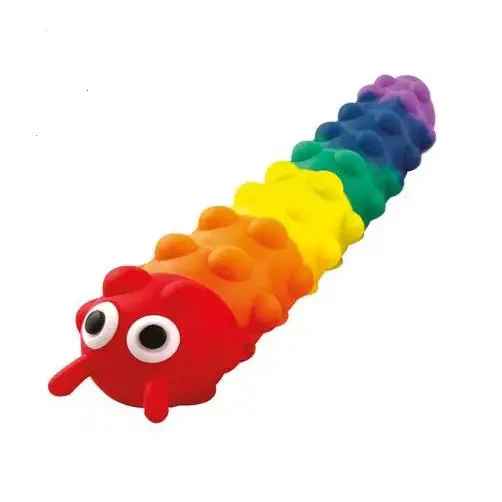 Rainbow caterpillar toy with a red head, googly eyes, and bumpy segments in orange, yellow, green, blue, and purple.