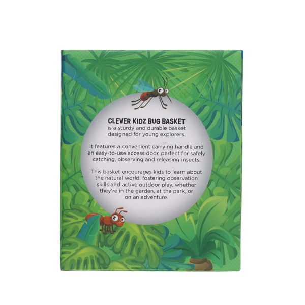 Green jungle-themed packaging featuring cartoon insects and product information inside a large white circle.