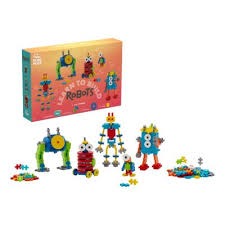 Plus-Plus Learn to Build Robots set with colorful interlocking pieces and built robot models next to an orange box.