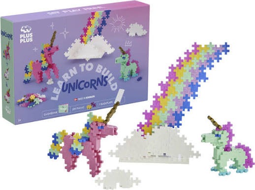 Plus-Plus Learn to Build Unicorns box featuring assembled pink and green block unicorns and a rainbow.