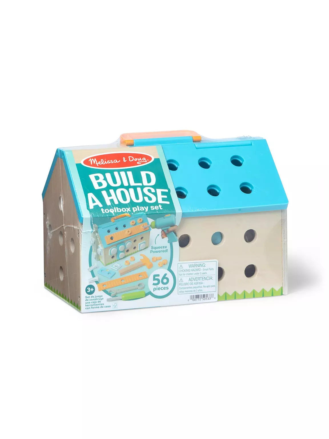 Melissa & Doug Build-A-House wooden toolbox with a blue roof, including a plastic drill and various play tools.