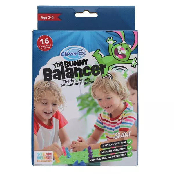 Blue box for The Bunny Balancer game showing colorful rabbit figures, a seesaw base, and two children playing.