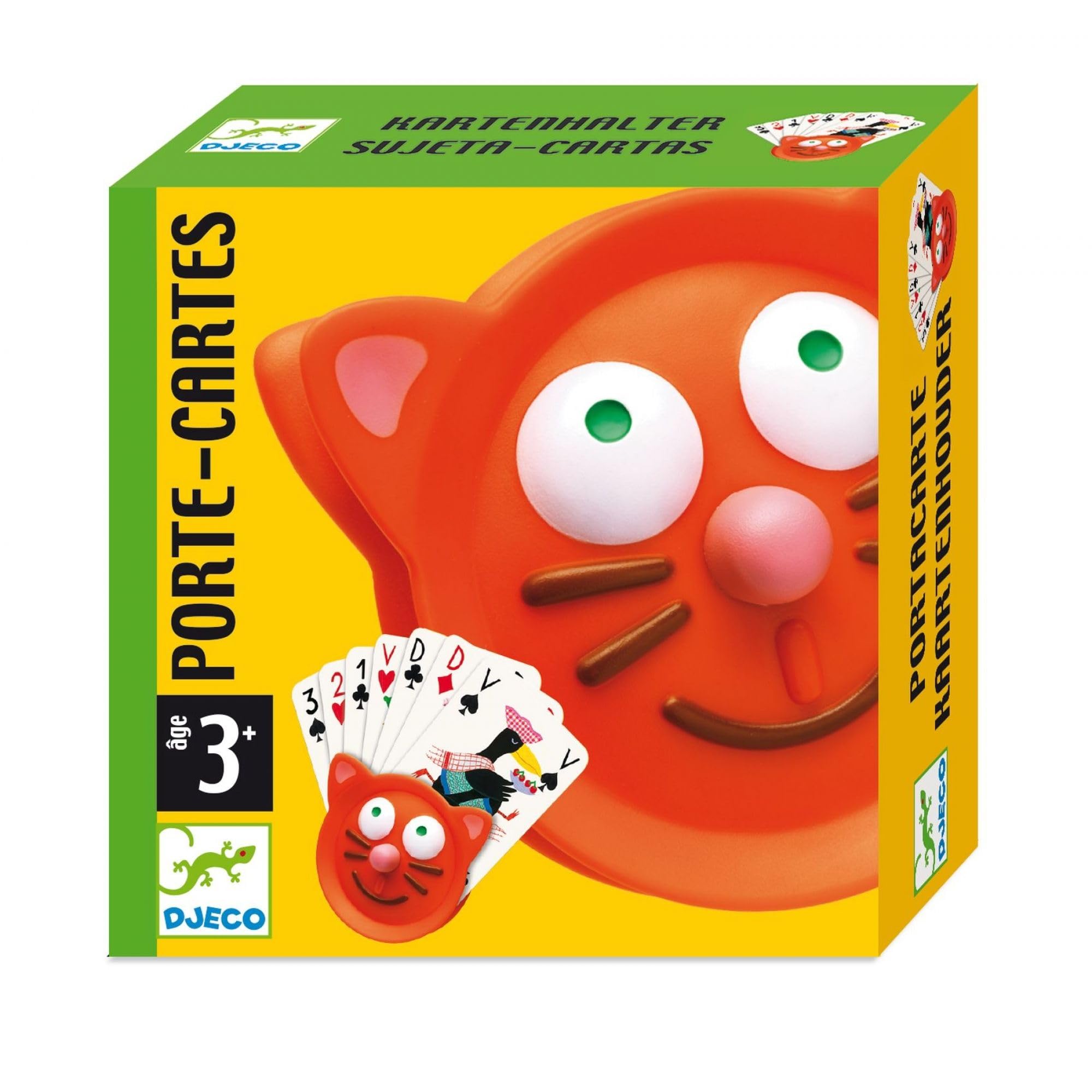 Orange cat-shaped plastic card holder holding a fan of playing cards, shown in its yellow and green Djeco packaging.
