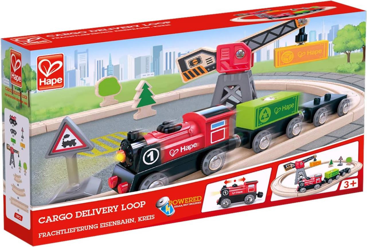 Hape Cargo Delivery Loop box showing a red battery-powered train, wooden tracks, and a gray crane lifting a yellow block.