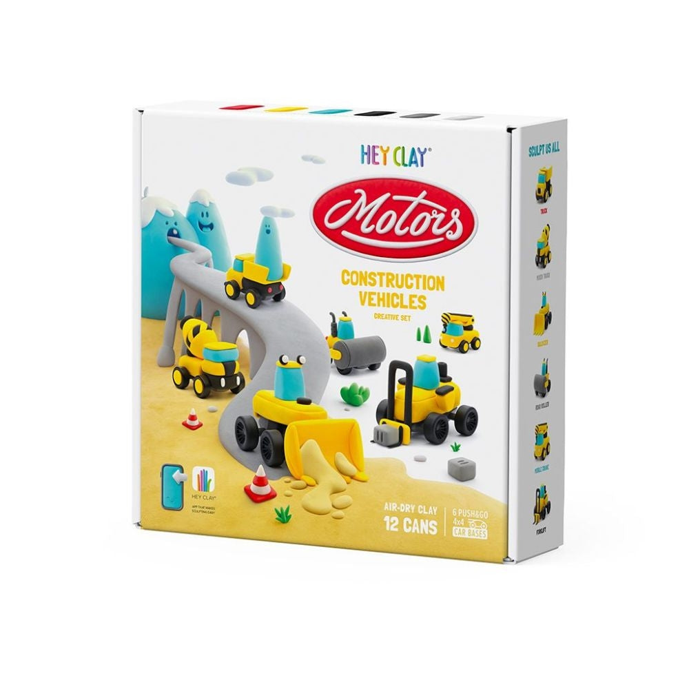Hey Clay Motors Construction Vehicles box showing yellow clay trucks, 12 clay cans, and 6 plastic car bases.