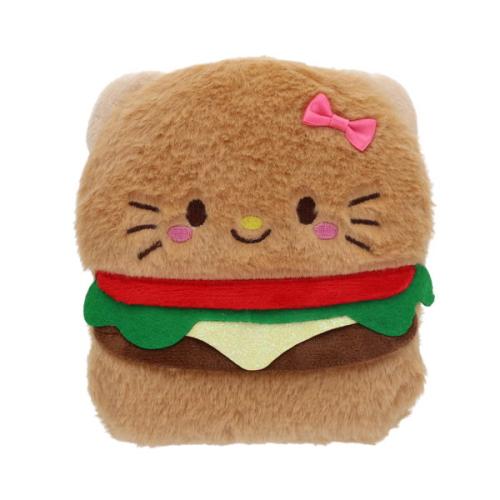 Brown plush Hello Kitty shaped like a hamburger with a pink bow, green lettuce, and red tomato details.