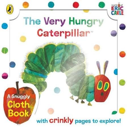 The cover of The Very Hungry Caterpillar snuggly cloth book featuring a green caterpillar and colorful dots.