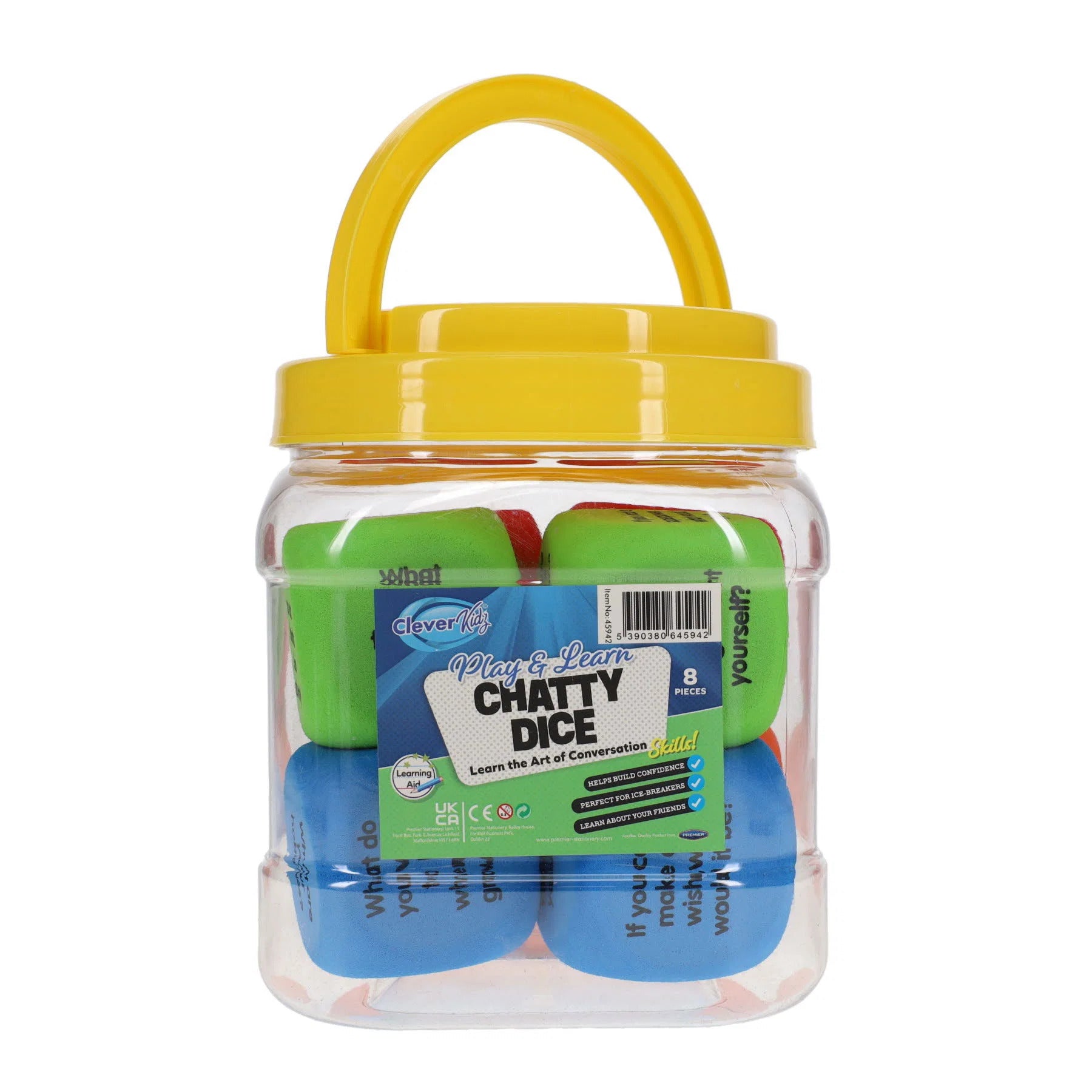 Clear plastic jar with yellow handle containing green and blue foam dice printed with conversation starter questions.