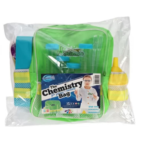 A green chemistry kit bag in a clear plastic package featuring test tubes, pipettes, and a yellow funnel.