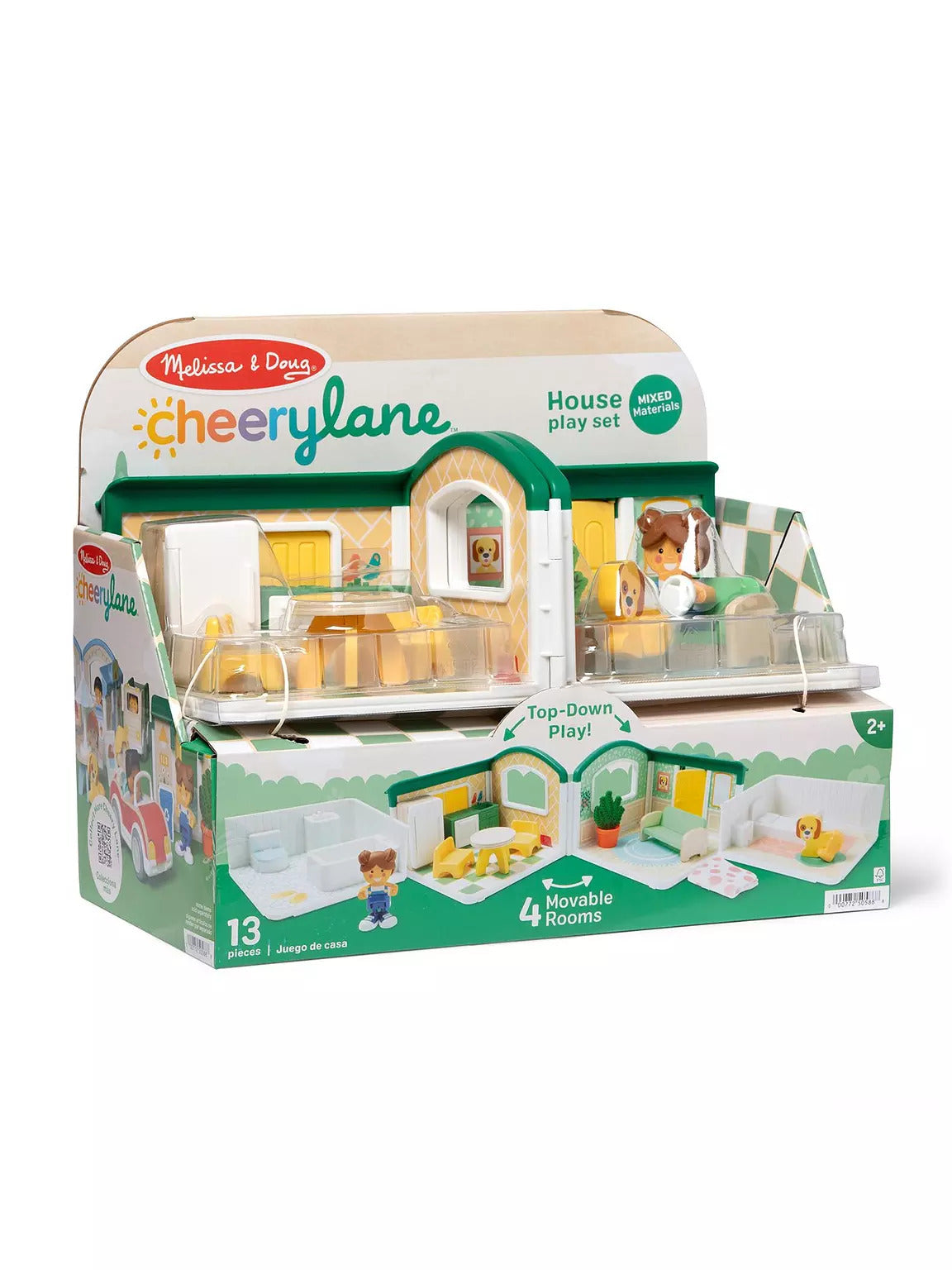 Melissa & Doug Cheery Lane House play set packaging showing 13 play pieces, figures, and movable green rooms.