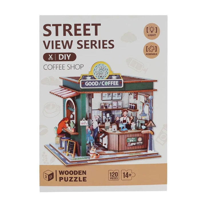 Packaging for a 120-piece DIY 3D wooden puzzle of a miniature coffee shop with LED lights.