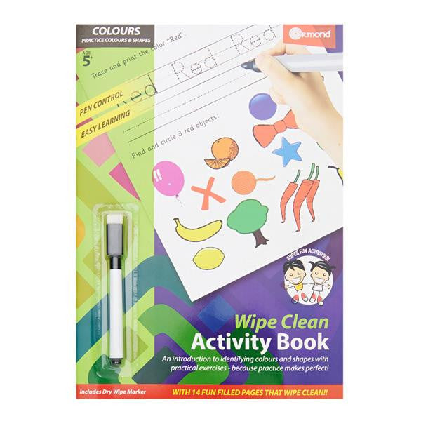 Front cover of a Wipe Clean Activity Book for age 5+ showing color tracing exercises and an included dry-wipe marker.