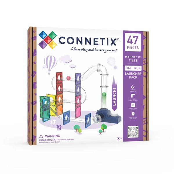 Packaging for the Connetix 47 Piece Magnetic Tiles Ball Run Launcher Pack with colorful tiles and clear tubes.