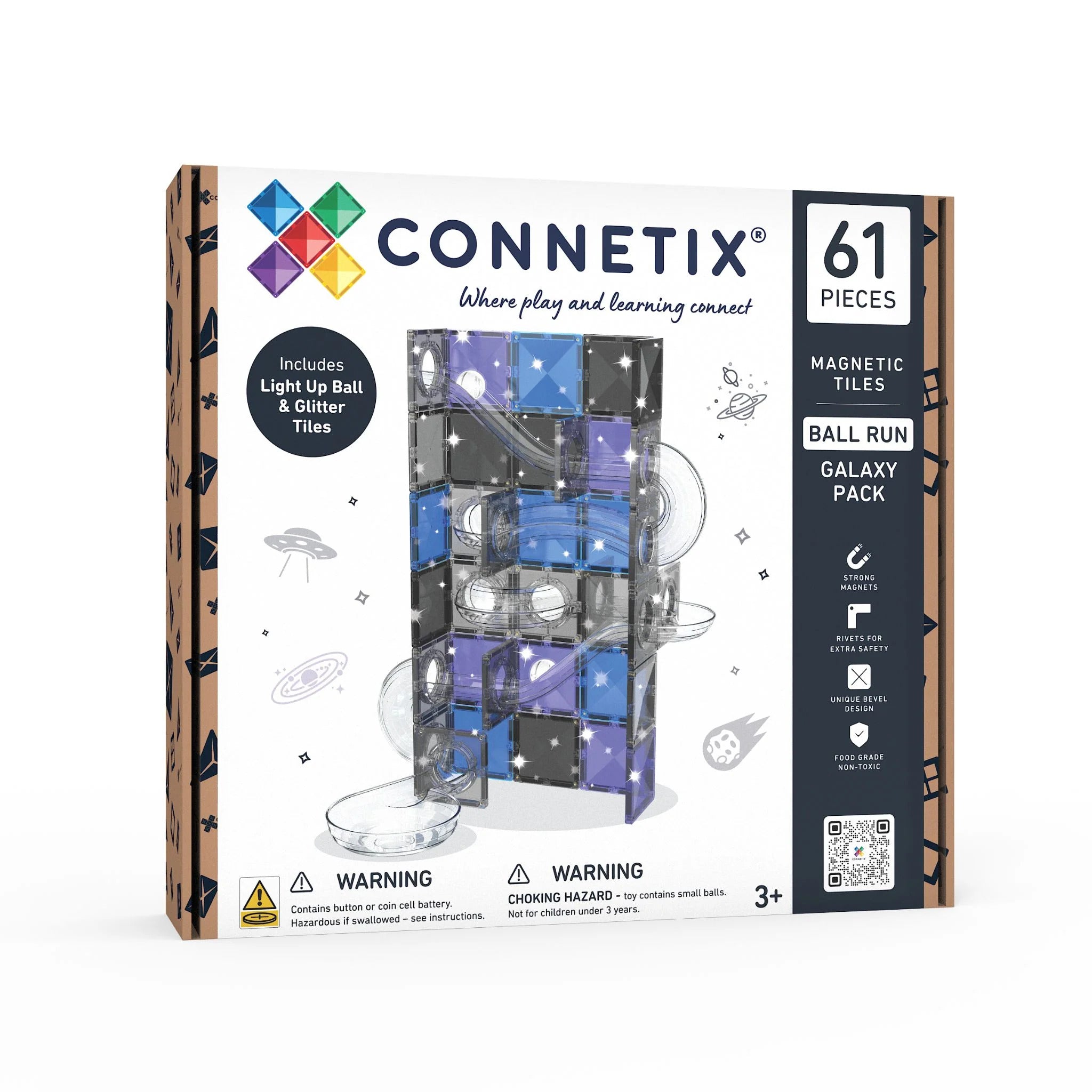 Connetix 61 piece Galaxy Ball Run box featuring blue and black glitter magnetic tiles and clear plastic chutes.