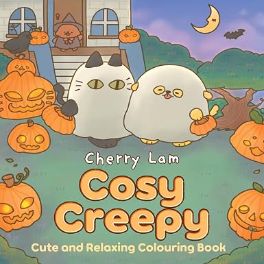 Cover of Cosy Creepy coloring book featuring two round ghost-like animals trick-or-treating among orange jack-o'-lanterns.