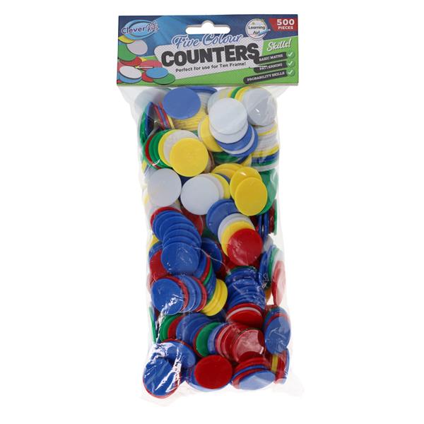 A clear plastic bag filled with 500 round counters in blue, red, yellow, green, and white.