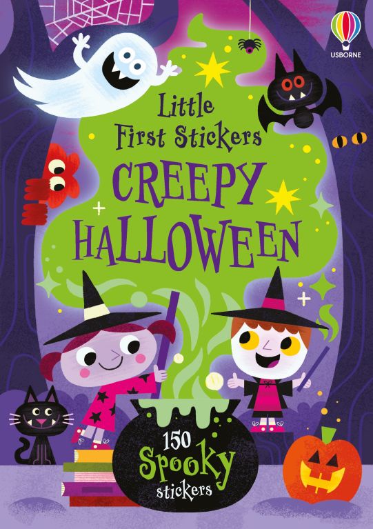 Cover of Little First Stickers Creepy Halloween book showing two witches, a black cat, and a bubbling cauldron.