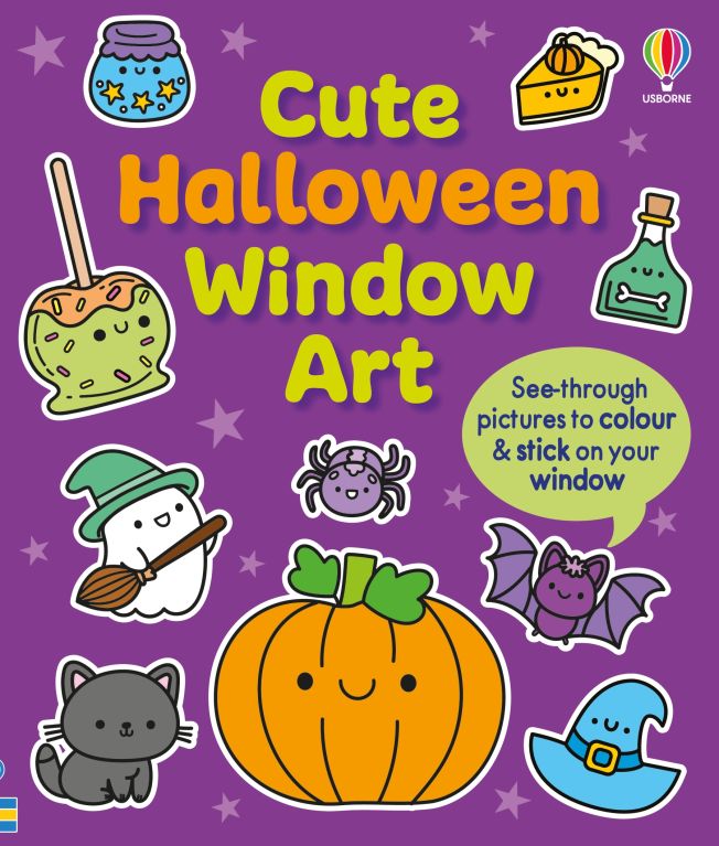 Purple book cover for Cute Halloween Window Art featuring a cartoon pumpkin, ghost, cat, and bat.