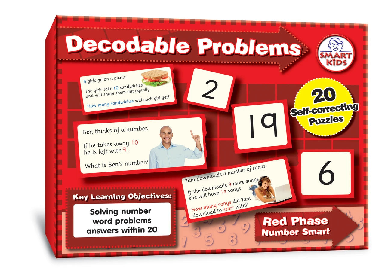 Red box of Decodable Problems puzzles showing word problem cards and matching numbered puzzle pieces.