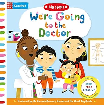 Cover of 'We're Going to the Doctor' board book showing a doctor examining a young boy while his mother and sister look on.