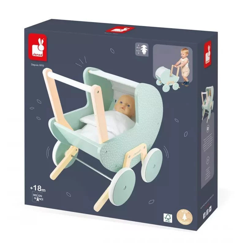 Pale green and natural wood toy pram in its box, featuring a toddler pushing the stroller in a small graphic.