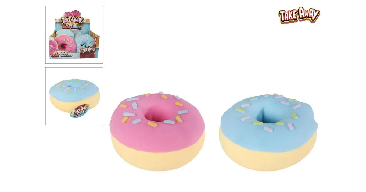 Two large donut squishies in pink and blue with colorful sprinkles alongside their retail display box.