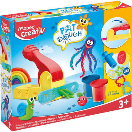 A blue box for Maped Creativ Pat' Dough featuring a red and yellow extrusion tool and colourful dough creations.