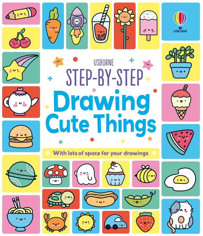 Colorful cover of the Usborne Drawing Cute Things book featuring many small kawaii-style illustrations in a grid.