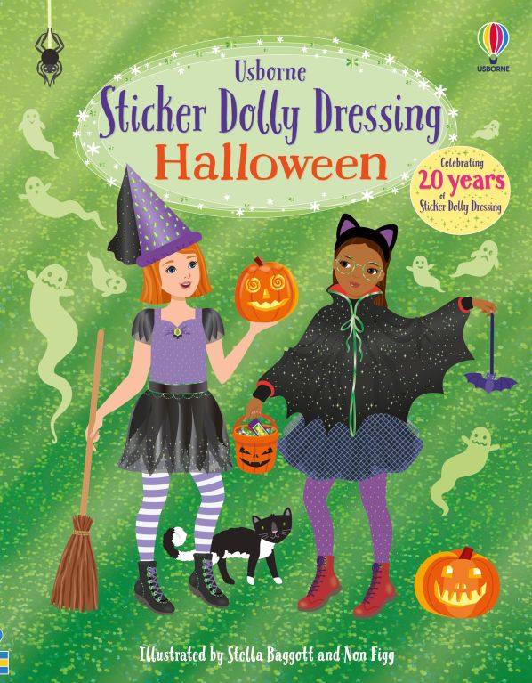 Front cover of Usborne Sticker Dolly Dressing Halloween book showing two girls in costumes with pumpkins and ghosts.