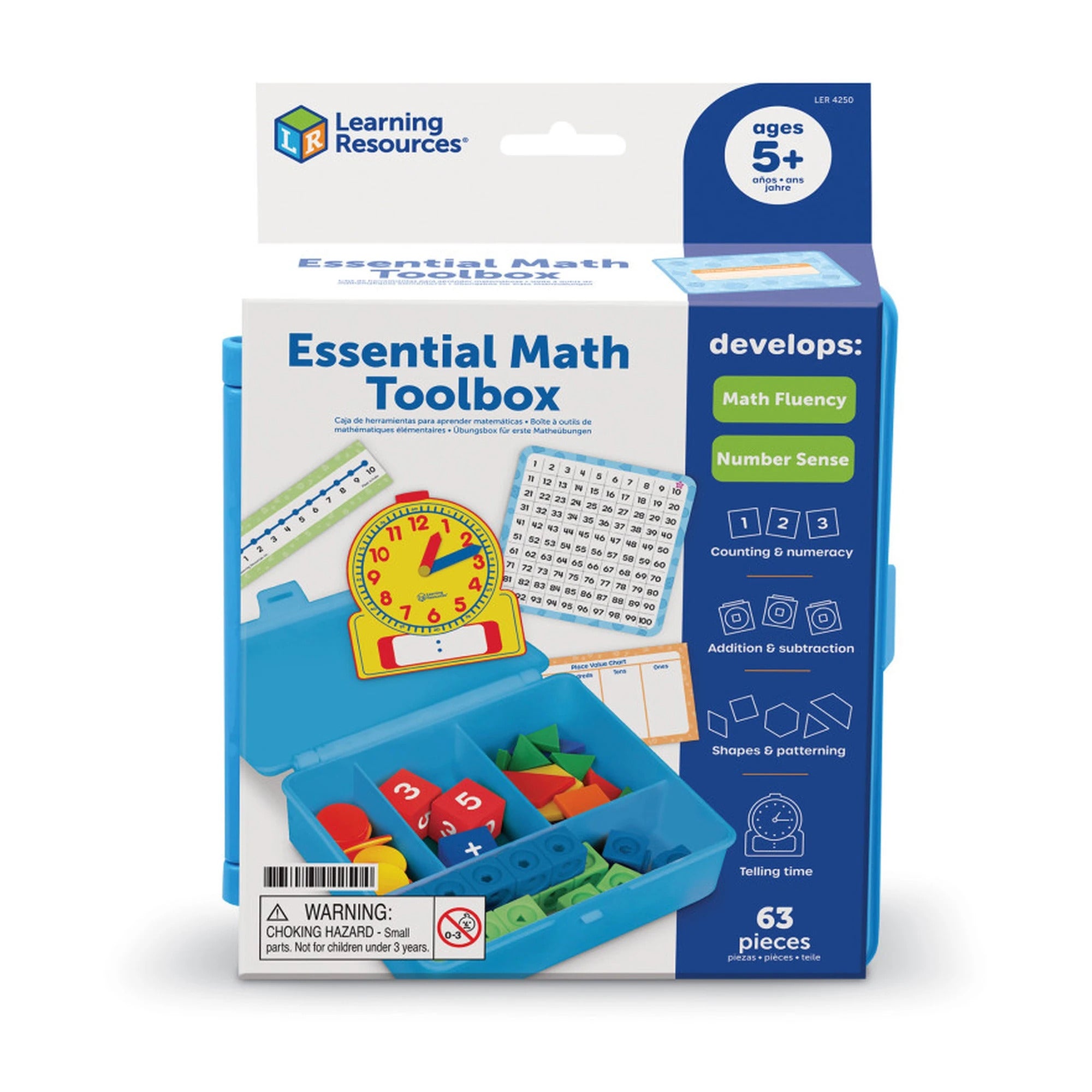 A blue storage box open to reveal colorful math tools like dice, blocks, a toy clock, and number charts.