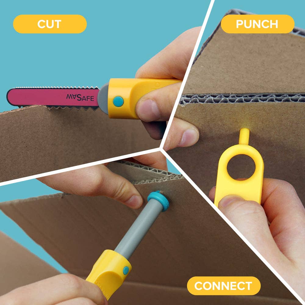 Three panels showing hands using yellow tools to cut, punch, and connect cardboard pieces with blue plastic screws.