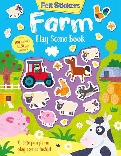 Brightly colored book cover for 'Felt Stickers Farm Play Scene Book' featuring cartoon farm animals and a red tractor.