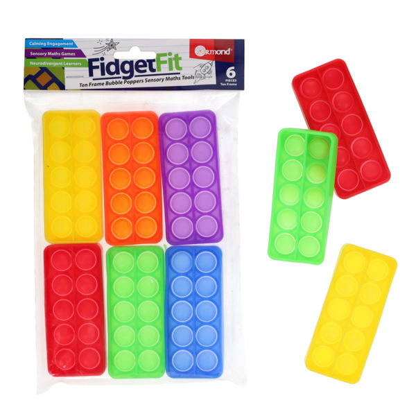 A 6-pack of colorful silicone ten-frame bubble poppers in red, orange, yellow, green, blue, and purple.