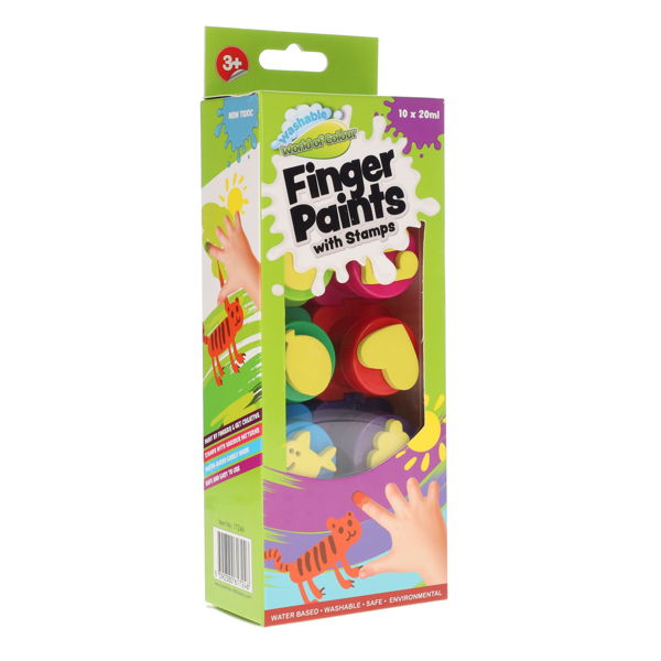 A box of 10 colorful finger paint pots with built-in yellow foam stamps on the lids, including heart and star shapes.