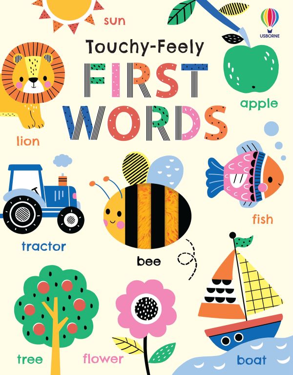 Cover of Usborne First Words book featuring colorful illustrations of a lion, apple, bee, tractor, and boat.