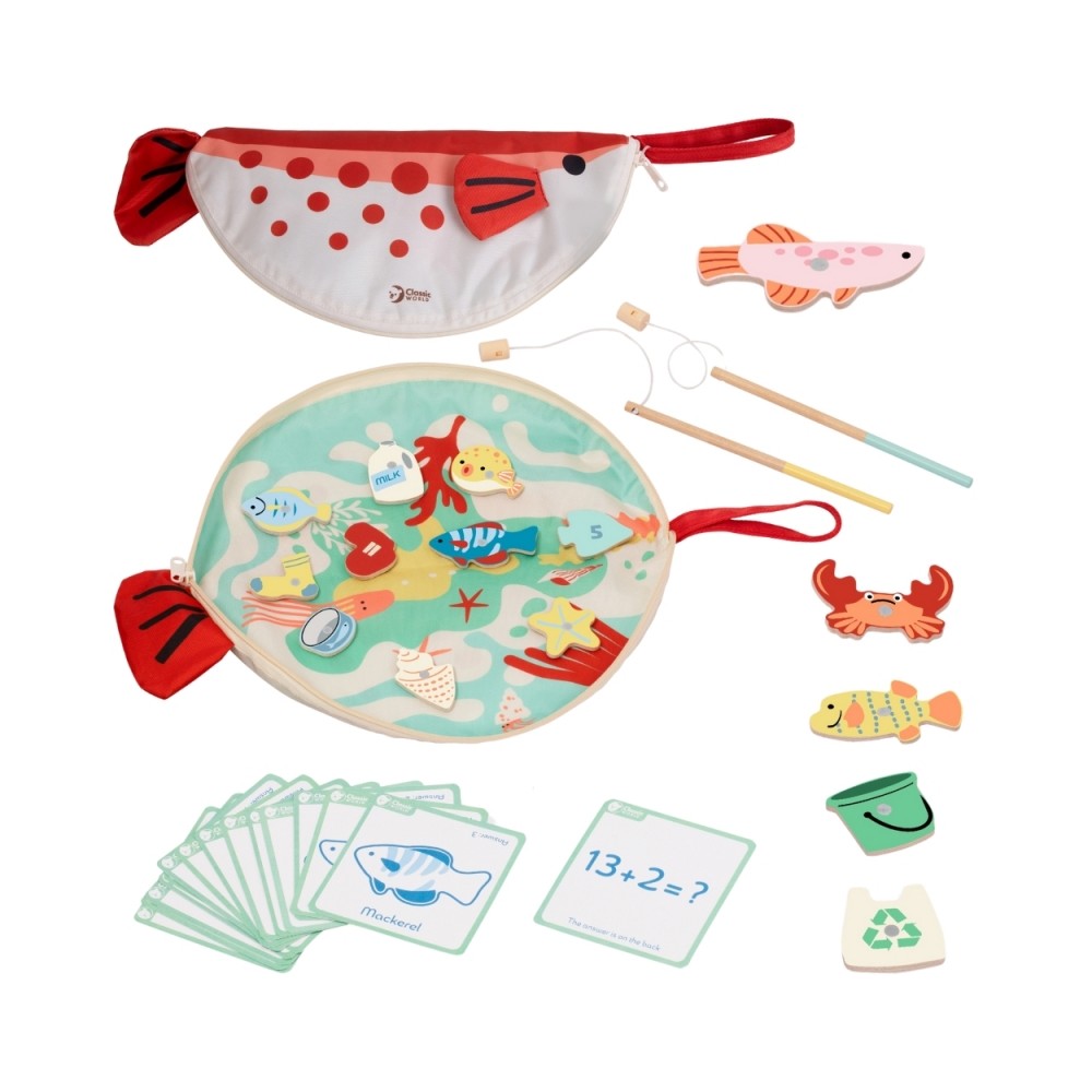 Magnetic fishing toy set with wooden fish, trash items, rods, and math cards on a white background.