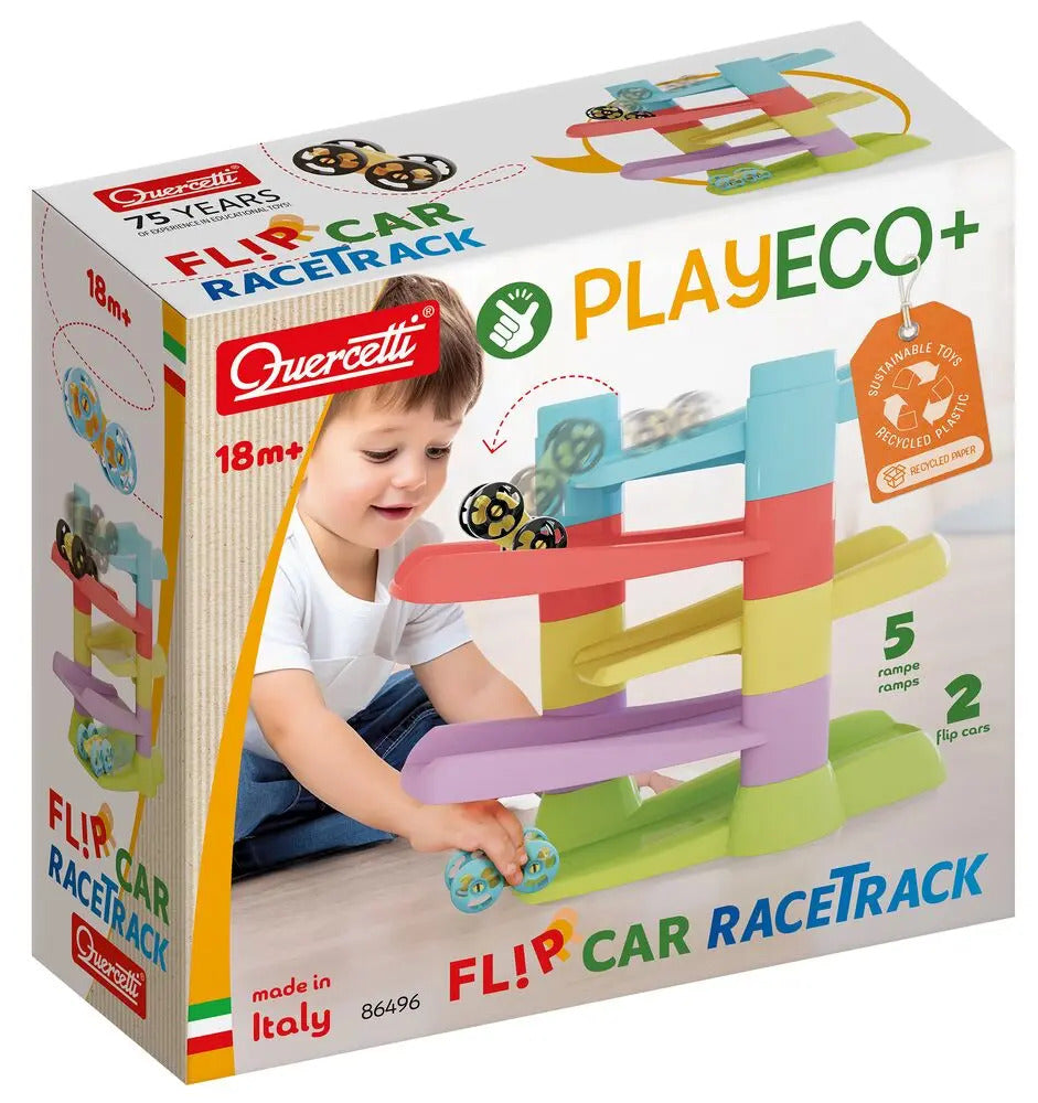 Quercetti Flip Car Racetrack box showing a child playing with a five-tier colorful ramp and two flipping cars.