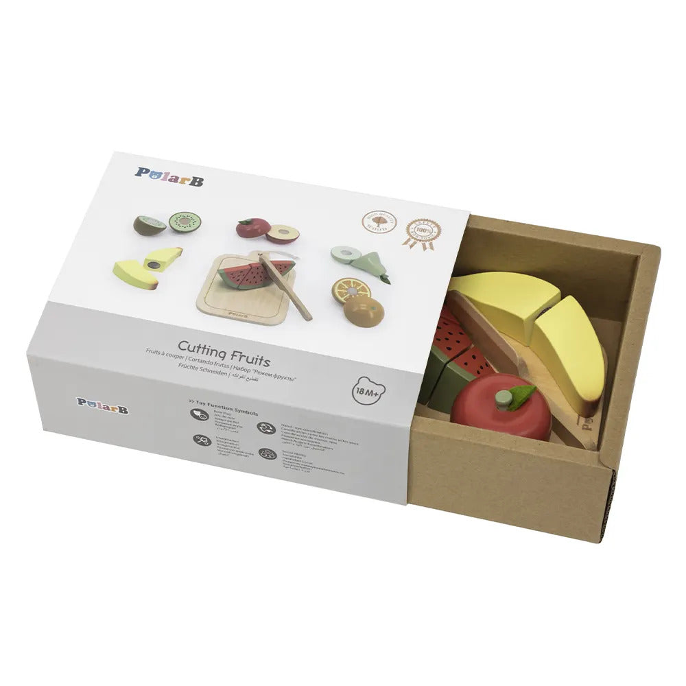 A PolarB wooden cutting fruit toy set featuring various fruits, a play knife, and a cutting board in its box.