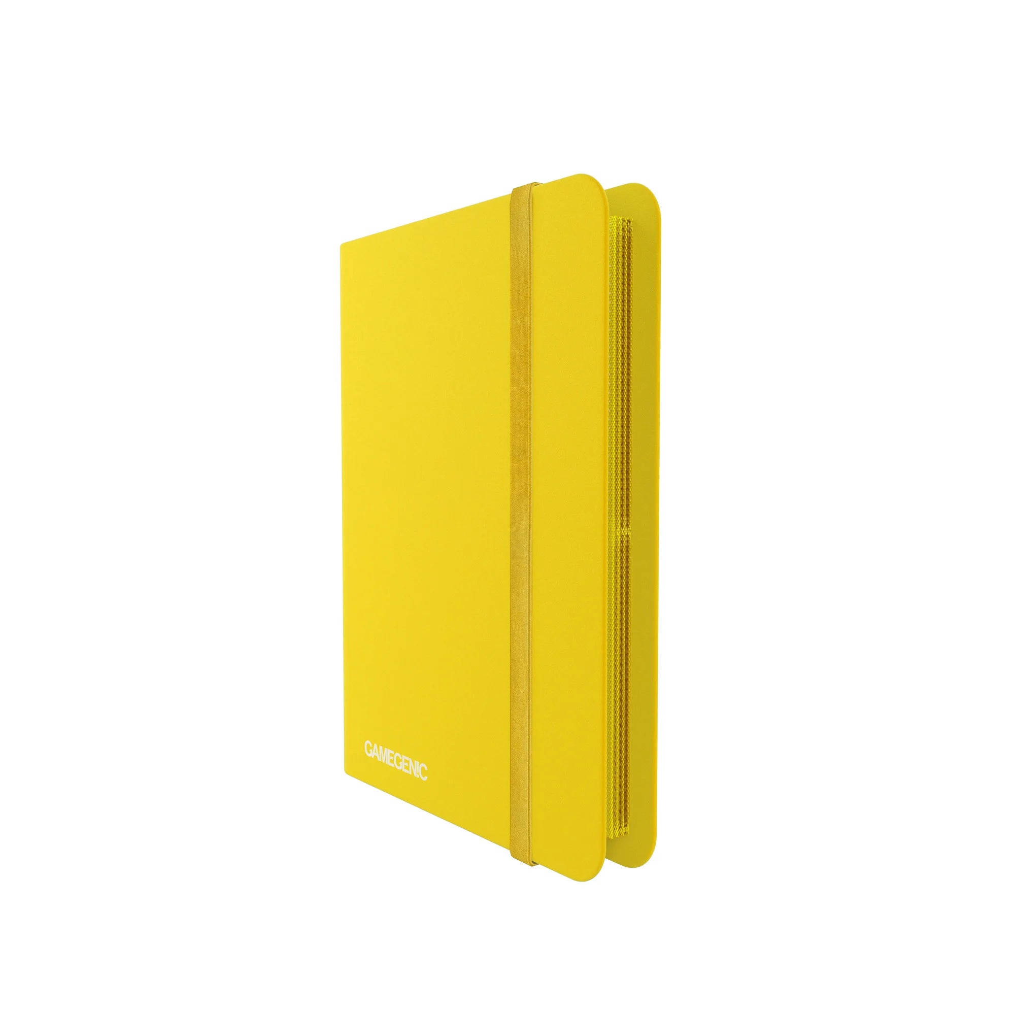 Bright yellow card album with a vertical elastic band, rounded corners, and a white Gamegenic logo on the front.