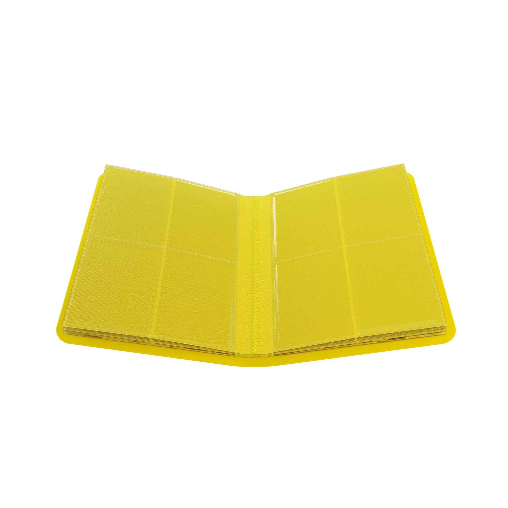 Open bright yellow trading card binder with eight clear pockets over textured yellow pages.